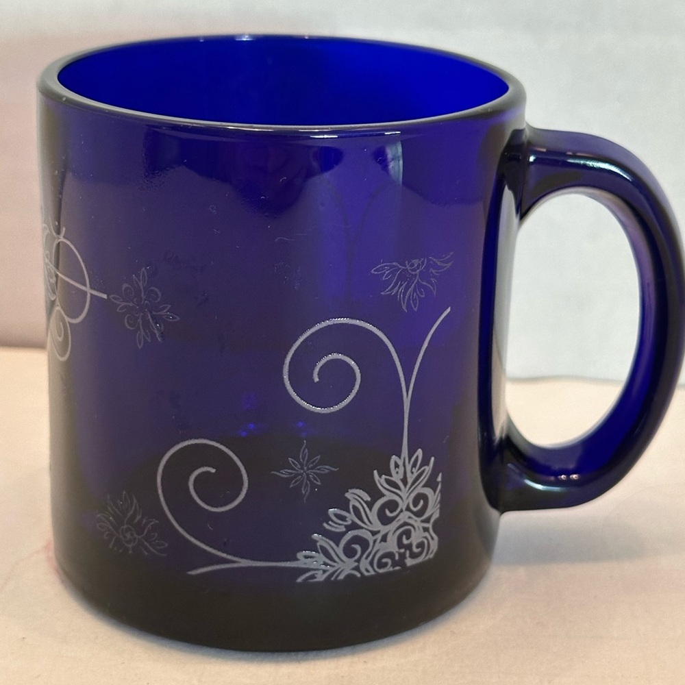 Cobalt Blue Floral Mug Etched Pattern Made in USA